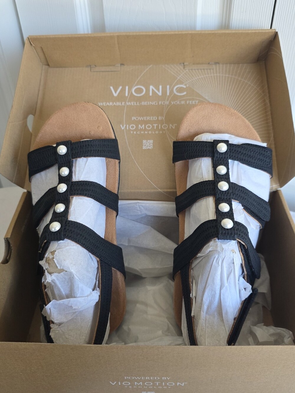 Vionic Amber Pearl Caged Gladiator Sandals Black / Tan Size 7 NEW